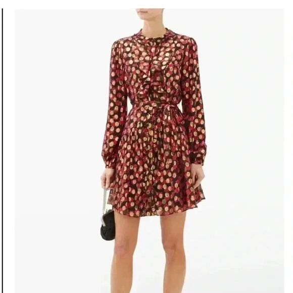 SALONI Scarlet Daisy Tilly Red Gold Black Shimmer Ruffle Mini C Dress Size 0 - Picture 8 of 16